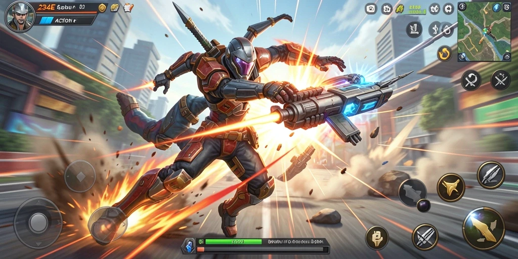 Tampilan antarmuka game 234E dengan efek aksi yang spektakuler.