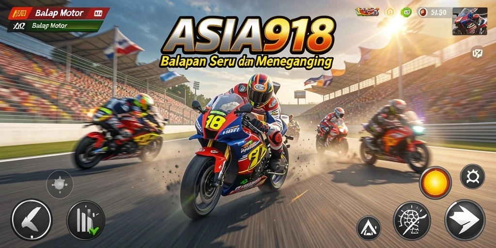 Antarmuka balapan yang menampilkan motor dan trek menegangkan dalam ASIA918.