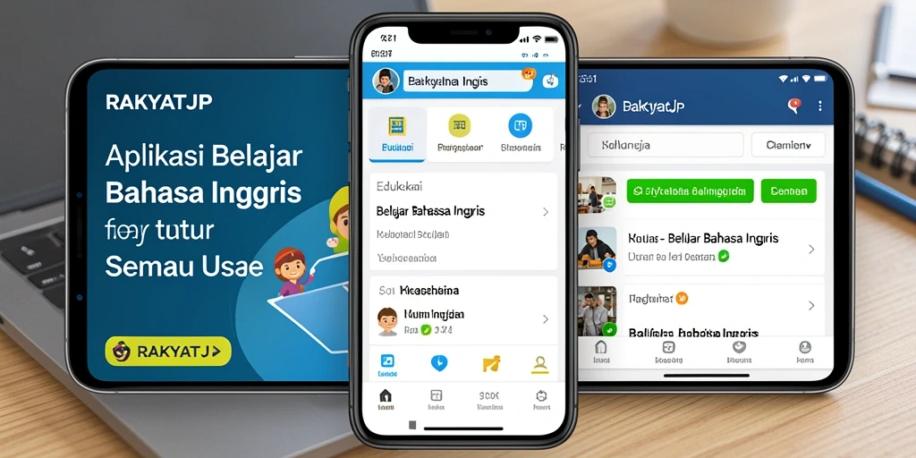 Antarmuka pengguna RAKYATJP menunjukkan fitur interaktif Belajar Bahasa Inggris.